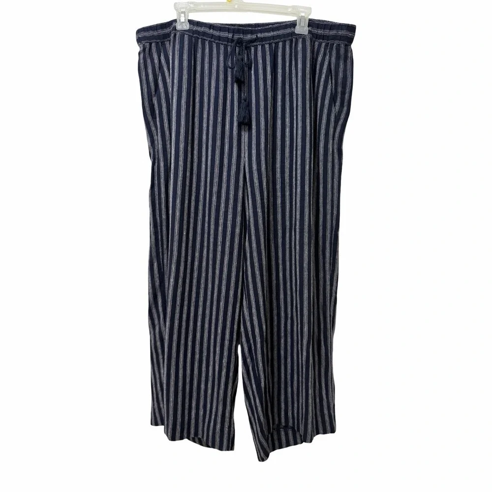 Banana Republic Womens Wide Leg Crop Linen Blend Pants Size XL Navy Stripe Beach